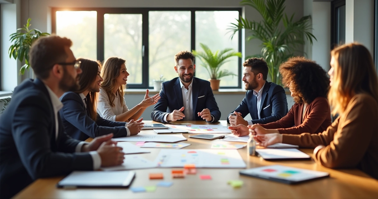 Equipe de PME em reunião colaborativa ao redor de mesa compartilhando ideias 