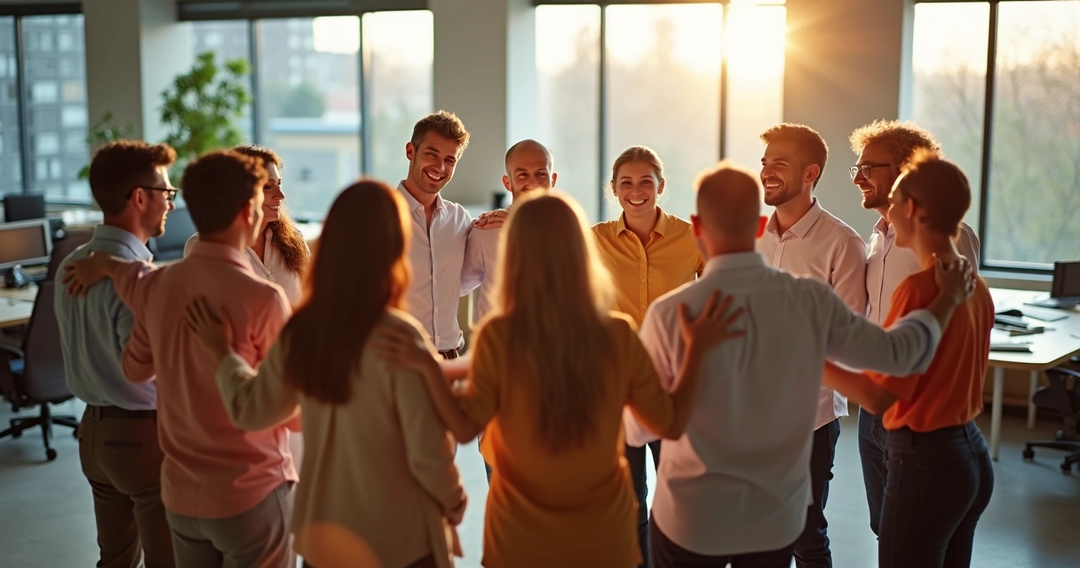 Grupo de colegas sorrindo e se apoiando em ambiente de escritório 