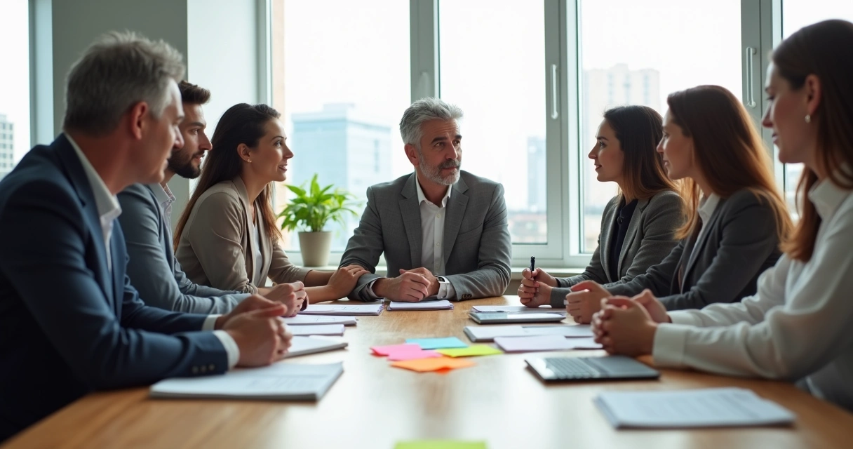 Equipe de trabalho em reunião colaborativa com gesto de apoio e empatia 