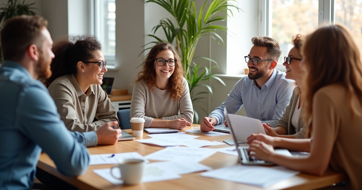 Equipe de trabalho reunida discutindo ideias em clima amigável 