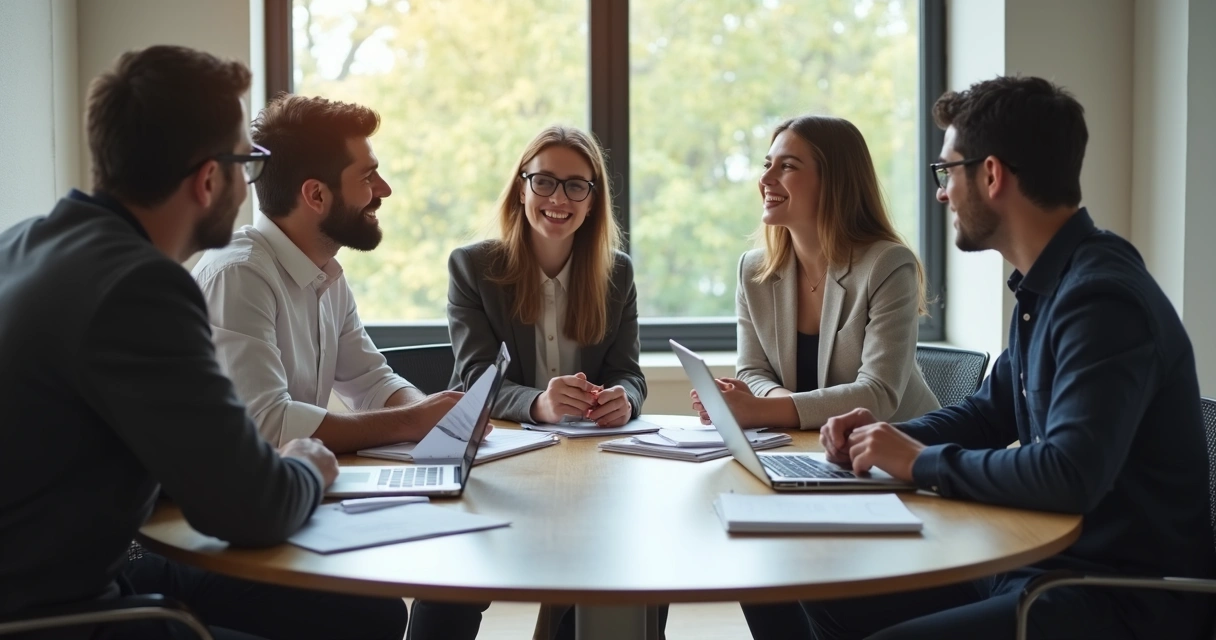 Equipe de trabalho em mesa redonda, conversando de forma respeitosa
