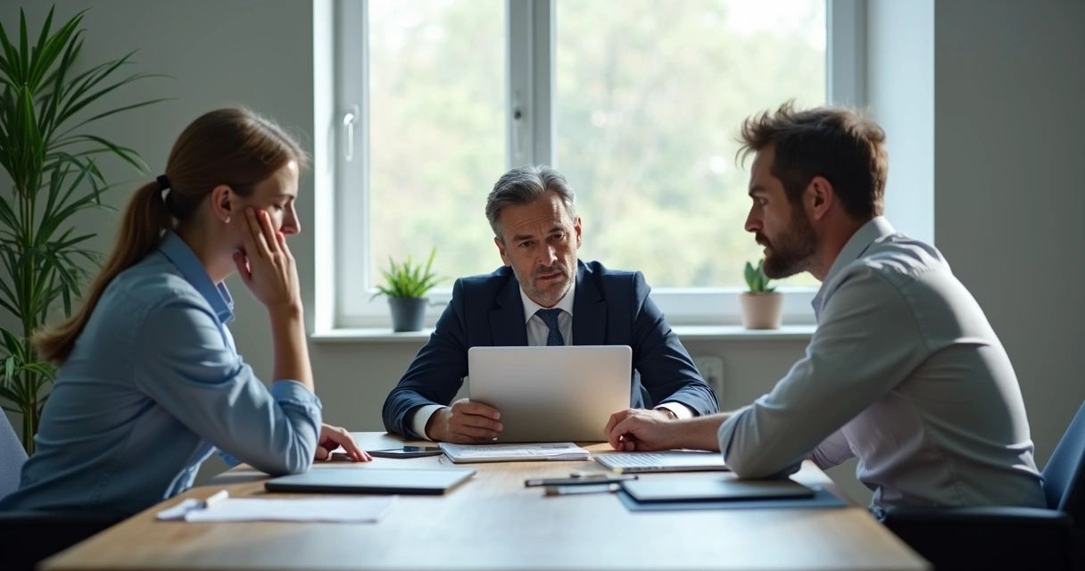 Três colegas de trabalho em uma reunião, um indivíduo claramente desconfortável enquanto dois outros debatem intensamente 