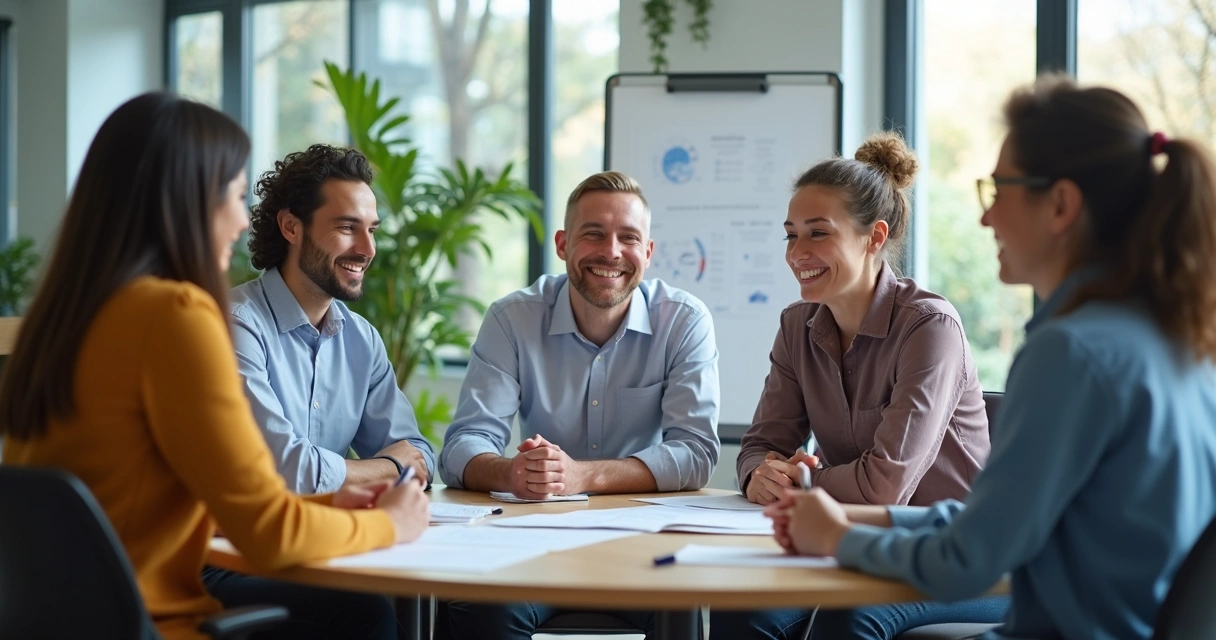 Pessoas de uma equipe de trabalho sentadas em círculo, olhando umas para as outras e trocando ideias num escritório moderno. 