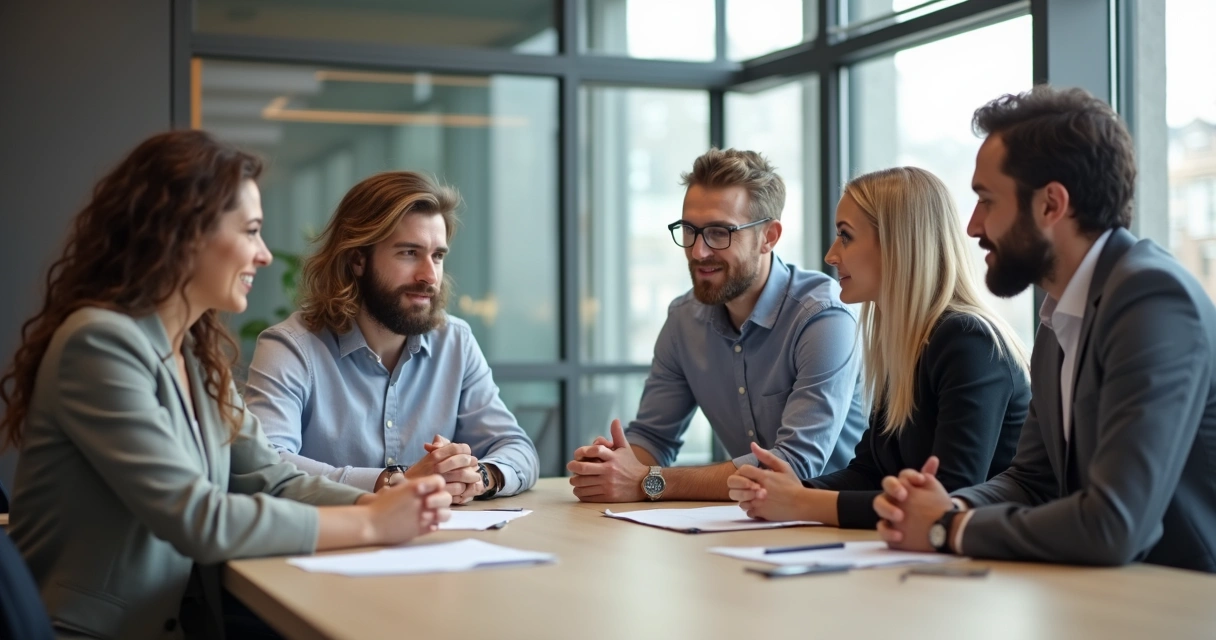 Equipe em reunião demonstrando confiança e ouvindo atentamente.