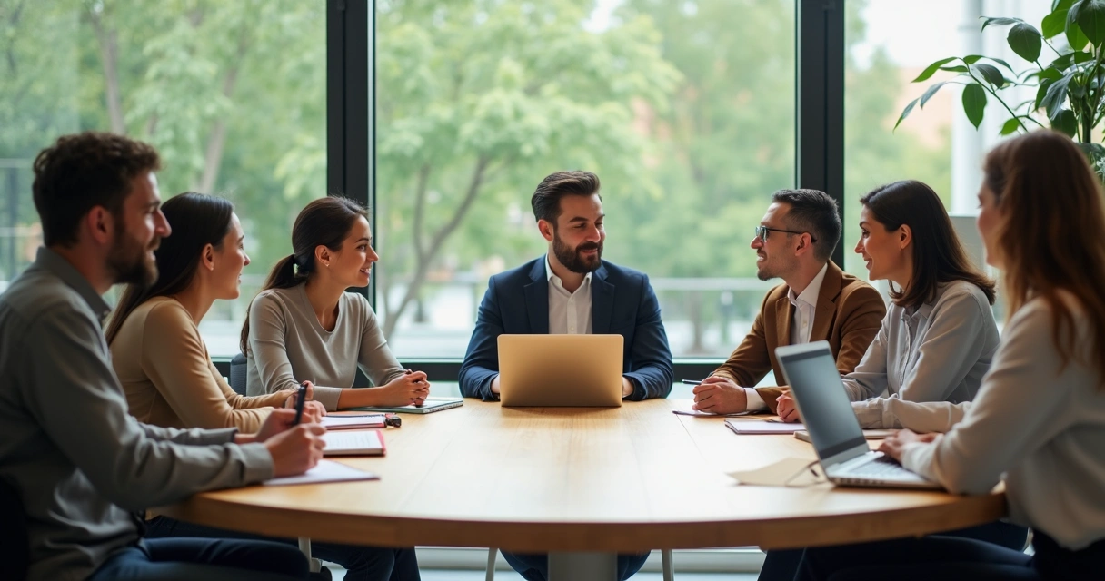 Equipe diversa em reunião colaborativa em ambiente de trabalho moderno 