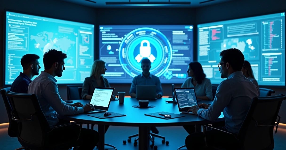 Equipe de colaboradores reunidos diante de telas analisando ameaças digitais 