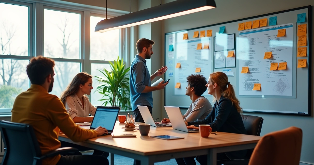 Equipe de profissionais desenvolvendo software em ambiente colaborativo