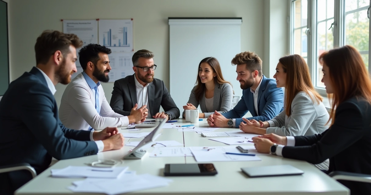 Equipe de trabalho sentada conversando ao redor de uma mesa 