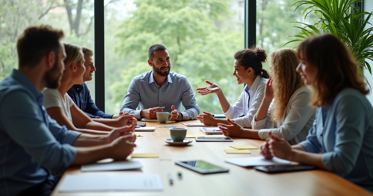 Equipe de trabalho em reunião comunicando-se de modo aberto