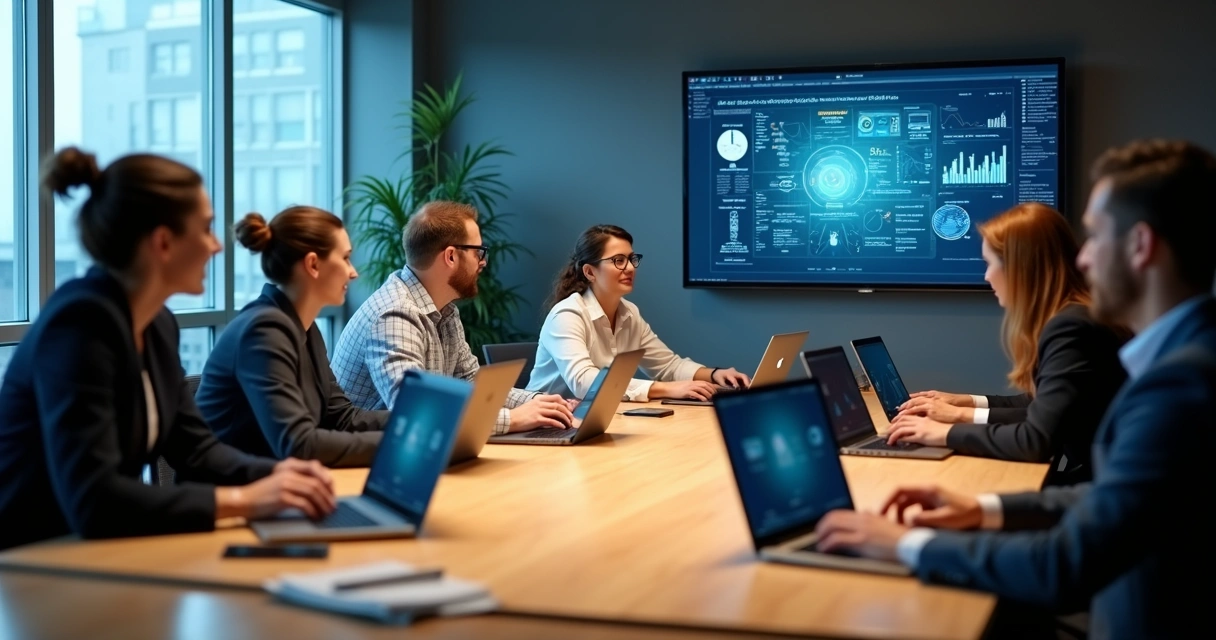Equipe ao redor de uma mesa com computadores exibindo plataforma LMS