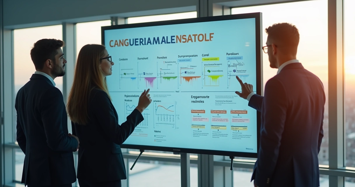 Equipe reunida em frente ao mural digital de tarefas 