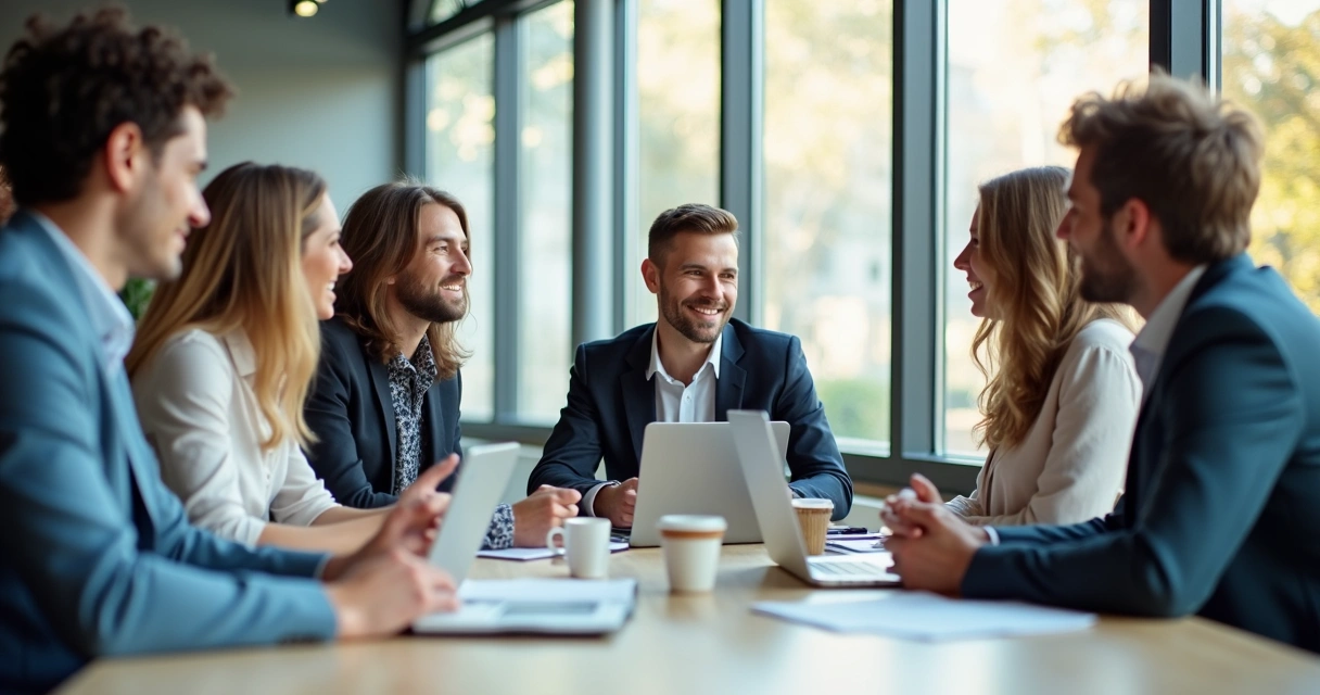 Equipe de trabalho diversa reunida em uma mesa, discutindo e sorrindo