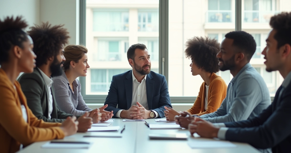 Equipe sentada em mesa de reunião, expressando diferentes emoções 