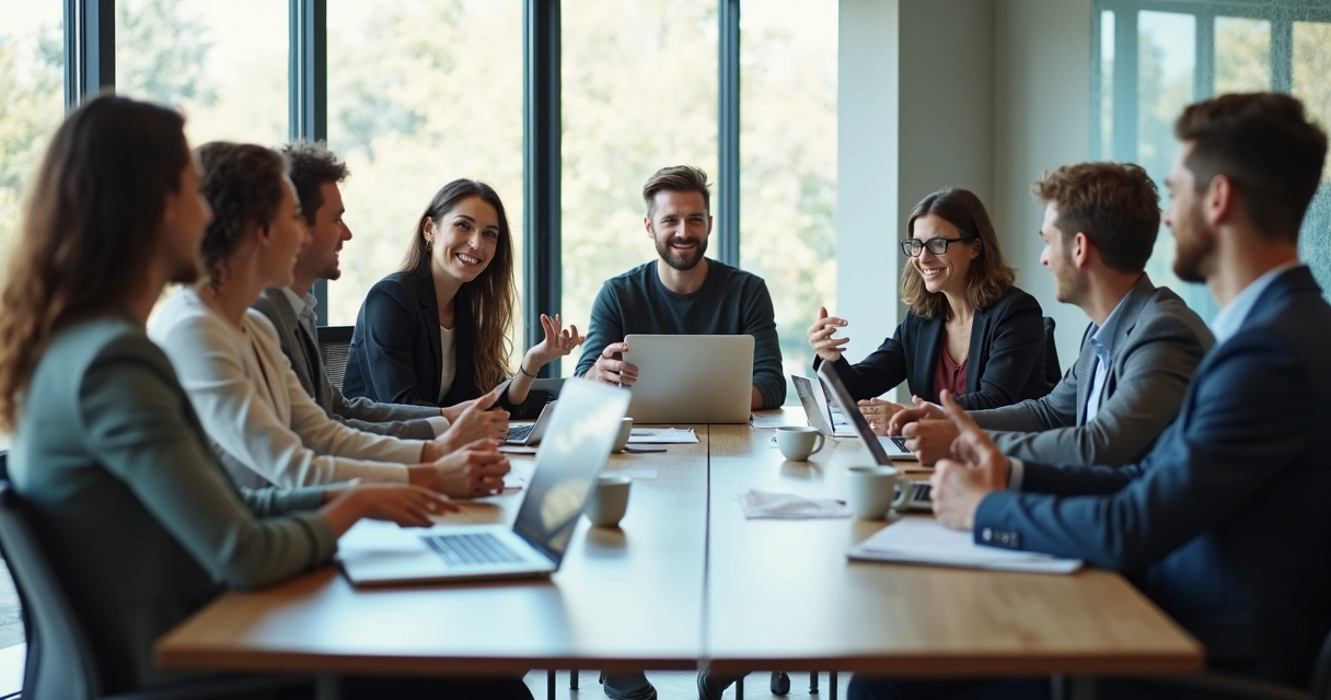 Equipe diversa reunida em sala de reunião corporativa 