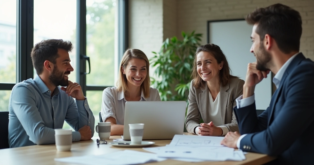 Grupo de colegas de trabalho em uma reunião, expressando emoções diversas 