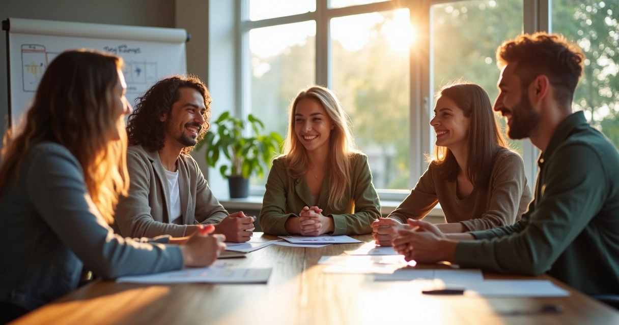 Equipe de trabalho em roda, clima harmônico e colaborativo