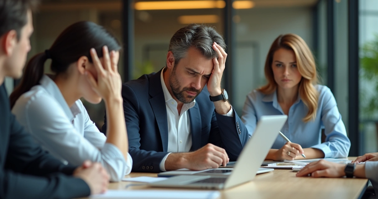 Equipe de trabalho em reunião, alguns demonstrando estresse enquanto outros estão calados 