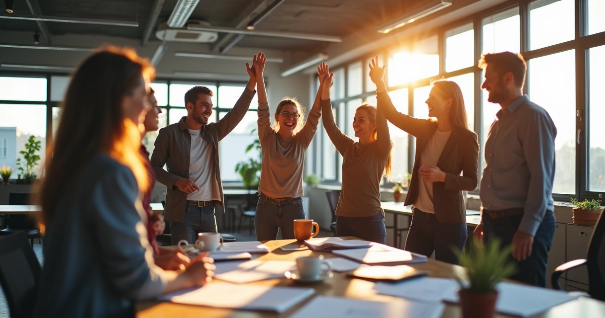 Equipe celebrando conquistas no ambiente de trabalho