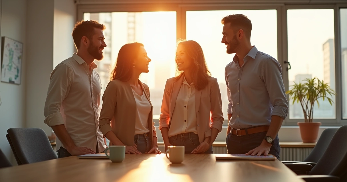 Equipe de trabalho sorridente reunida após uma pausa para descanso 