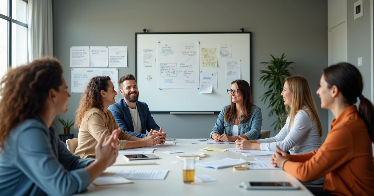 Equipe de trabalho em sala de reuniões sorrindo, discutindo ideias, demonstrando flexibilidade diante de mudanças. 