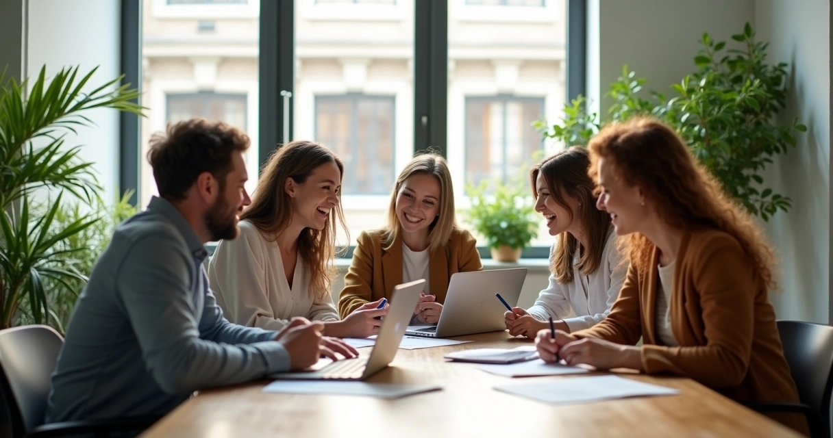 Pessoas reunidas em mesa de trabalho com expressões positivas, laptops e papéis espalhados 