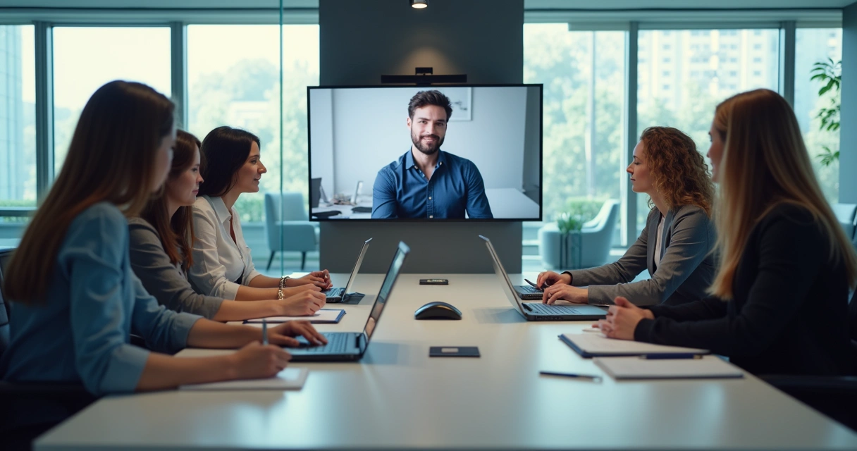 Equipe em reunião online e presencial trabalhando juntos numa mesa 