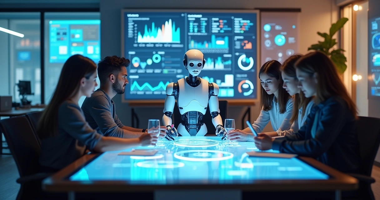 Equipe de escritório analisando gráficos digitais junto a um robô digital 