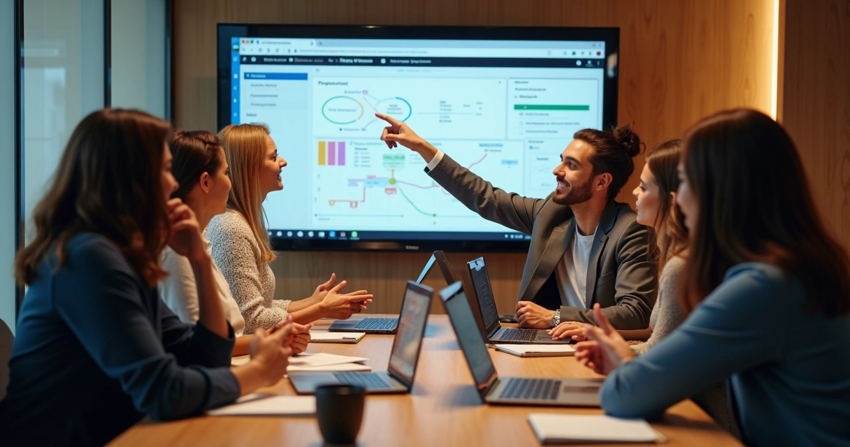Equipe conversando ao redor de mesa com computadores, interação amigável, telas de software abertas 