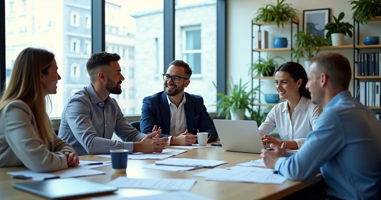 Equipe de trabalho reunida, discutindo ideias em um escritório moderno