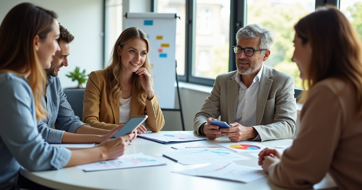 Equipe de trabalho sentada em mesa redonda interagindo em reunião 