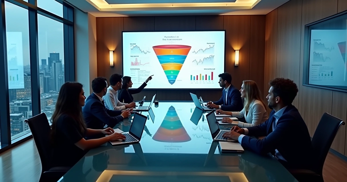 Equipe reunida em sala moderna analisando um funil de vendas digital 