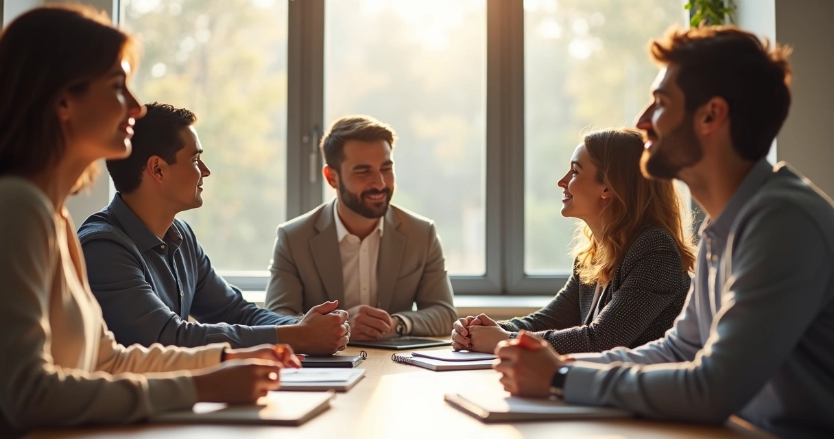 Equipe reunida em sala de reunião, cada pessoa em postura relaxada, alguns de olhos fechados, outros sorrindo levemente 