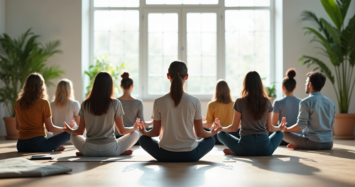 Equipe de trabalho em círculo praticando meditação enquanto sentados