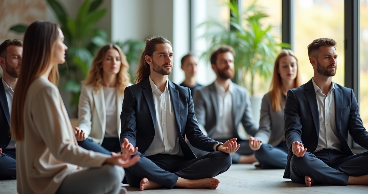 Grupo de profissionais sentados em círculo, olhos fechados, meditando em sala de escritório ampla
