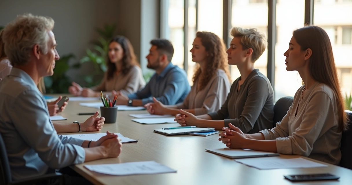 Equipe de trabalho fazendo breve meditação sentados ao redor de uma mesa
