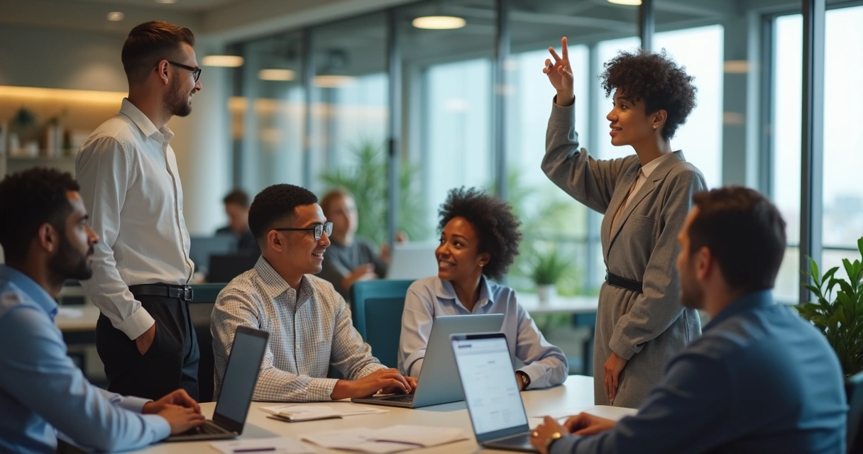 Colaboradores em escritório levantando a mão pedindo orientação
