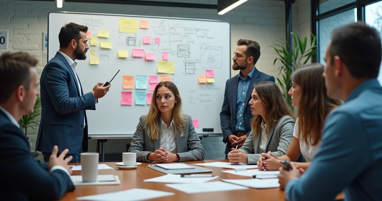 Equipe diversa discutindo sob pressão, expressões concentradas, quadro branco com anotações 