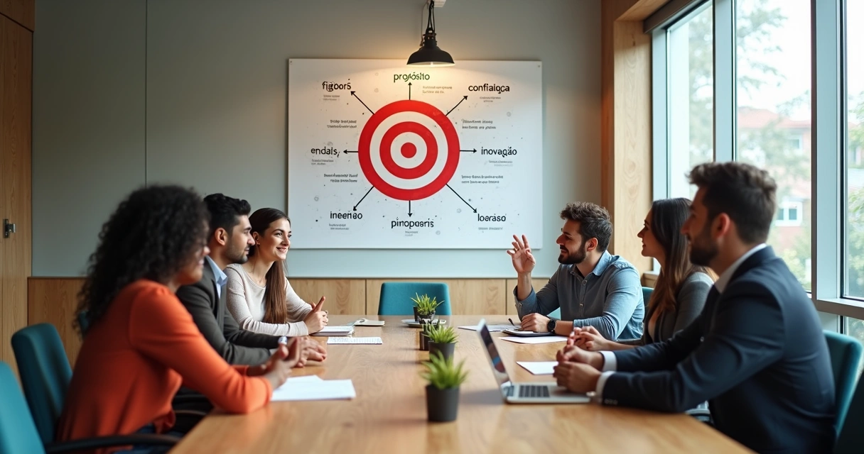 Equipe reunida em sala clara discutindo objetivo em reunião 
