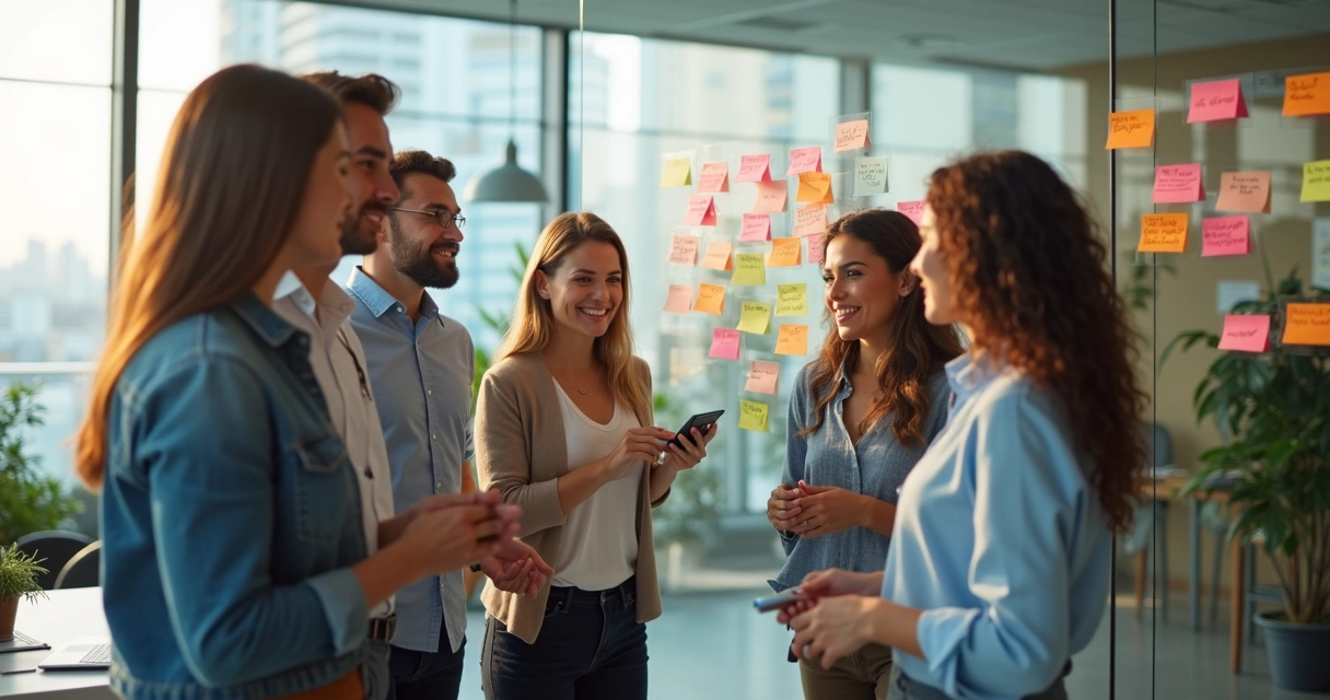 Equipe de trabalho em pé ao redor de quadro de gratidão colorido no escritório 