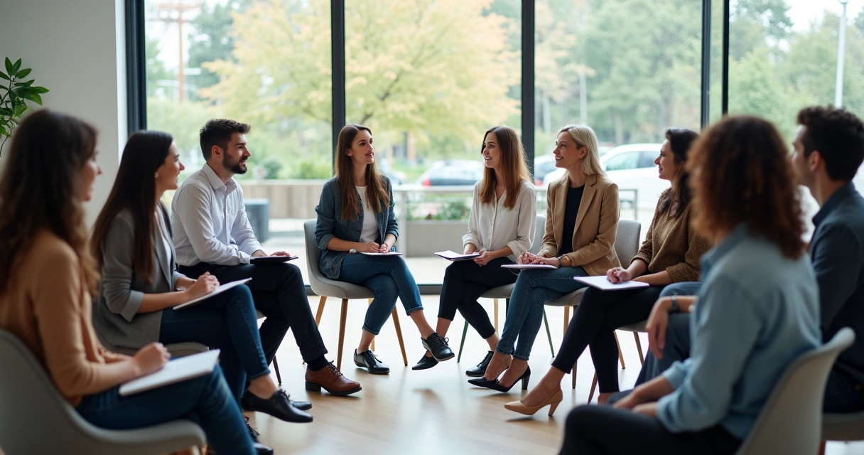 Equipe reunida em círculo refletindo juntos em um ambiente de trabalho 