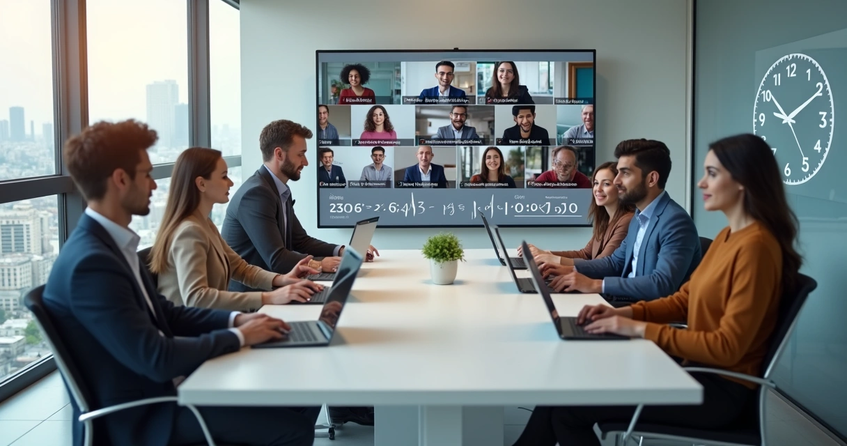 Equipe de trabalho remoto reunida em videoconferência, com laptops sobre uma mesa branca 