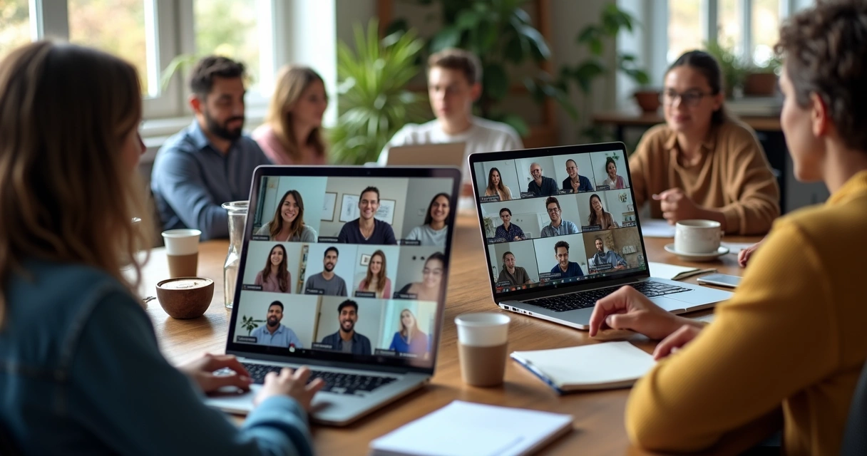 Equipe reunida em videoconferência trabalhando a distância 