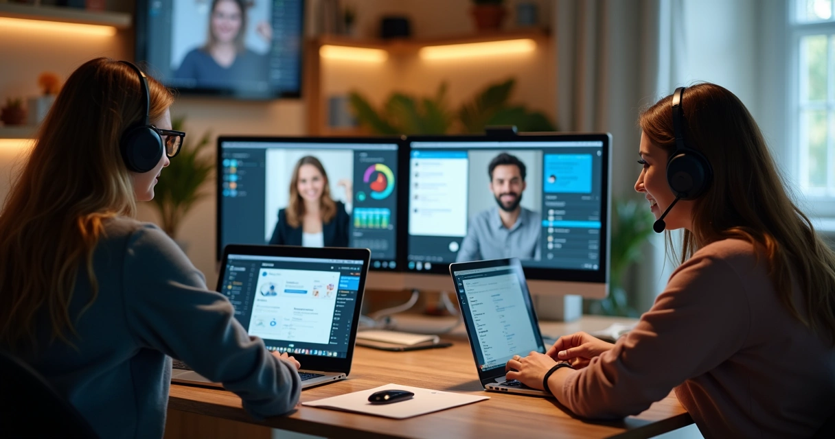 Equipe de atendimento remoto usando computadores 