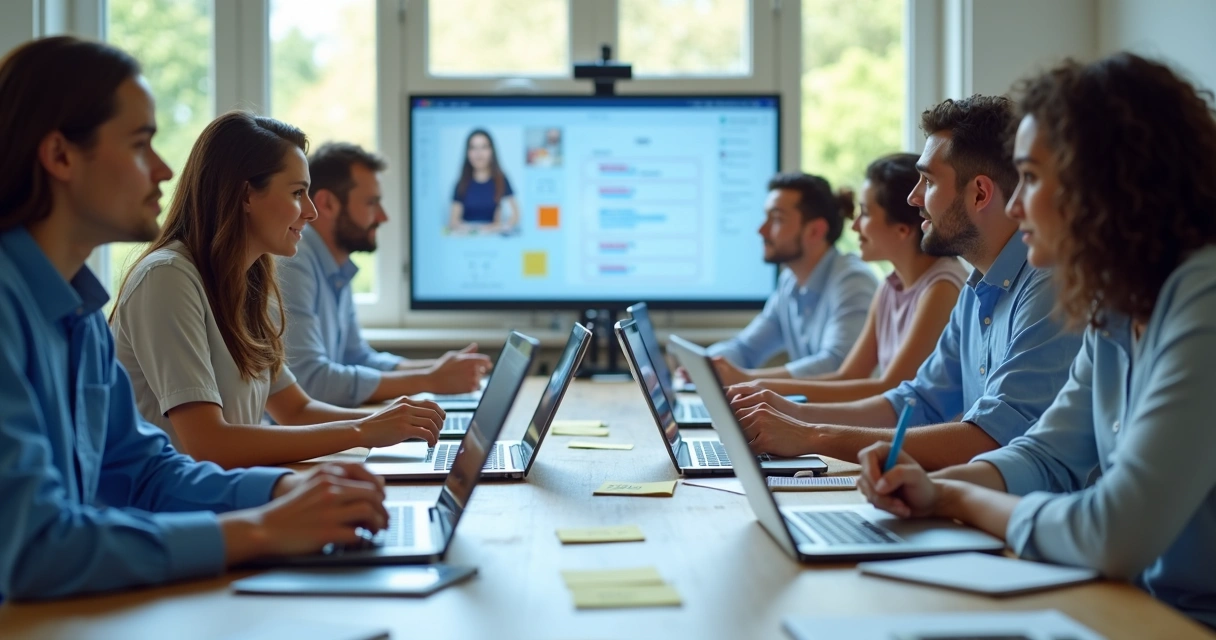 Equipe colaborando remotamente em videoconferência 