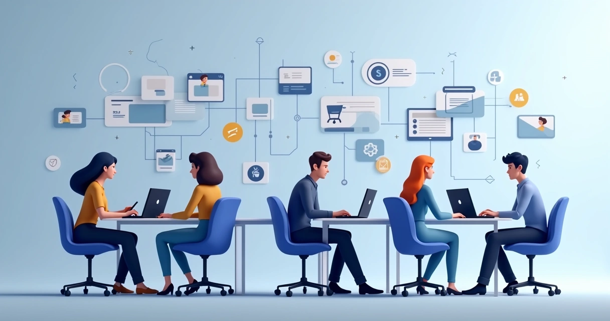 Equipe conectada em videoconferência com laptops 