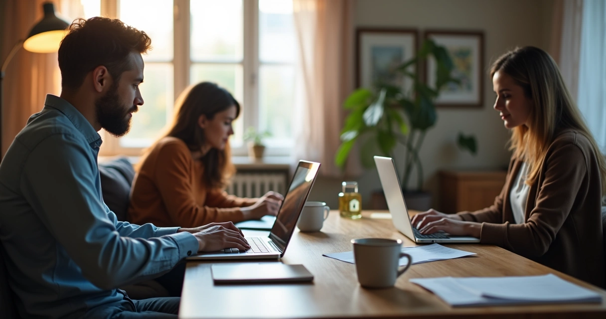 Equipe de pequena empresa trabalhando remotamente em laptops 