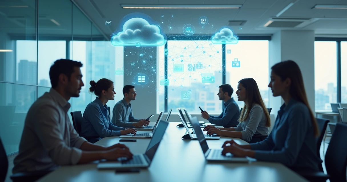 Equipe de trabalho conectada remotamente através de dispositivos com painel digital ao fundo. 