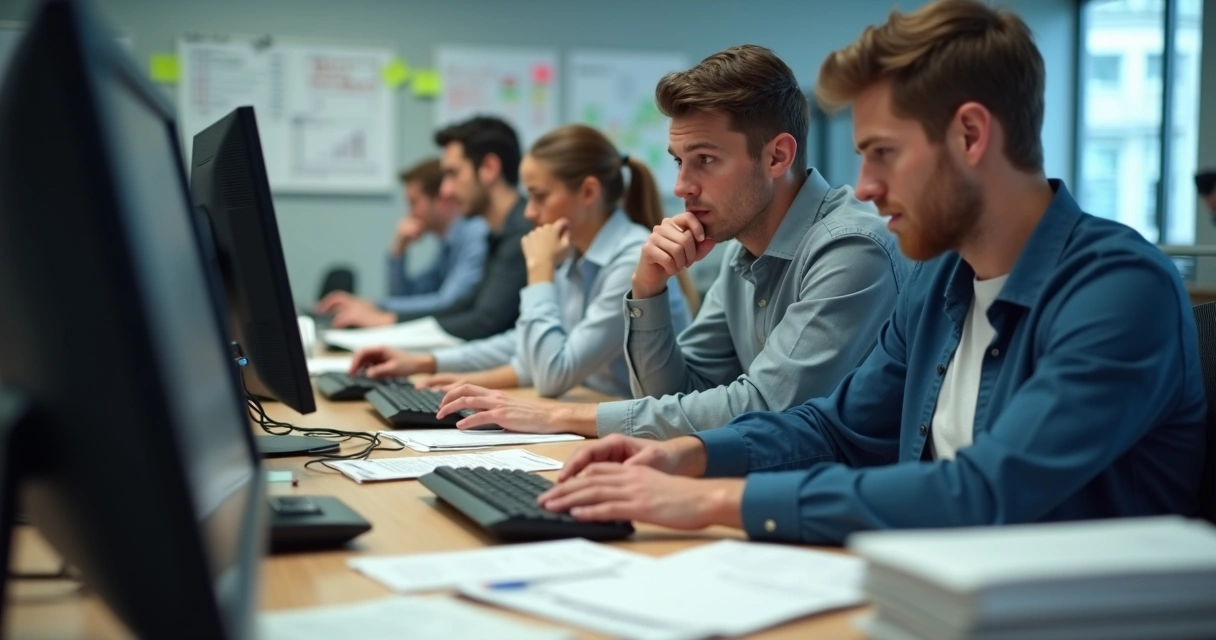 Equipe de escritório realizando tarefas repetitivas na frente de computadores 
