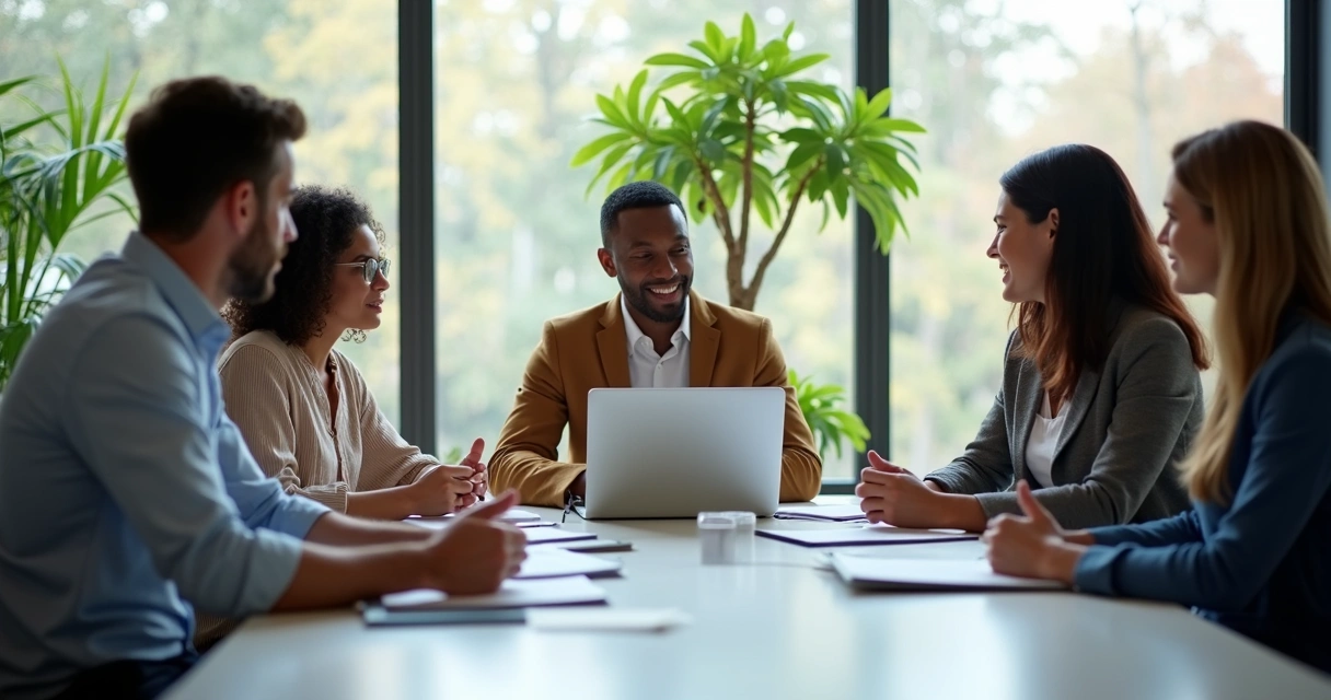 Equipe diversificada em reunião de trabalho, todos atentos e trocando ideias em um espaço moderno.