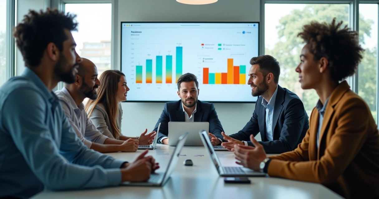 Equipe reunida em reunião de trabalho olhando gráficos 
